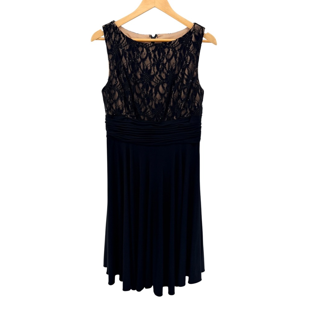 Jessica Howard Black‎ Lace Sequin Ruched Waist Cocktail Dress 12 LBD Glam Guest